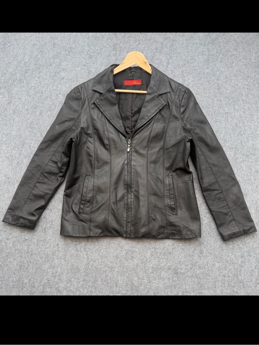 Max USA Womens Black Genuine Leather Zip Up Jacket Notched Lapel Size L
